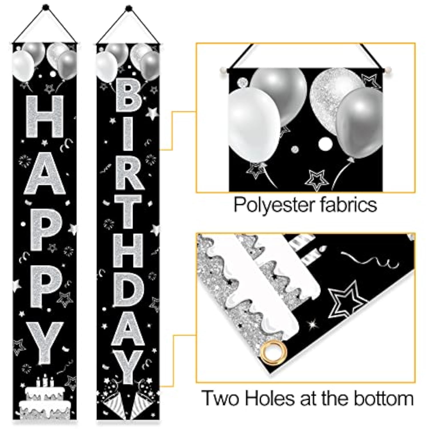 Black Silver Happy Birthday Party Supplies, Porch Sign & Backdrop Decor For Men Women, 16Th To 90Th Birthdays