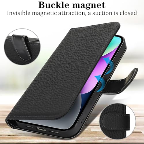 Case for iPhone 14/13 6.1" Genuine Leather Wallet Case with 4 Card Slot, RFID Blocking Card Holder Magnetic Flip Folio Kickstand Shockproof Phone