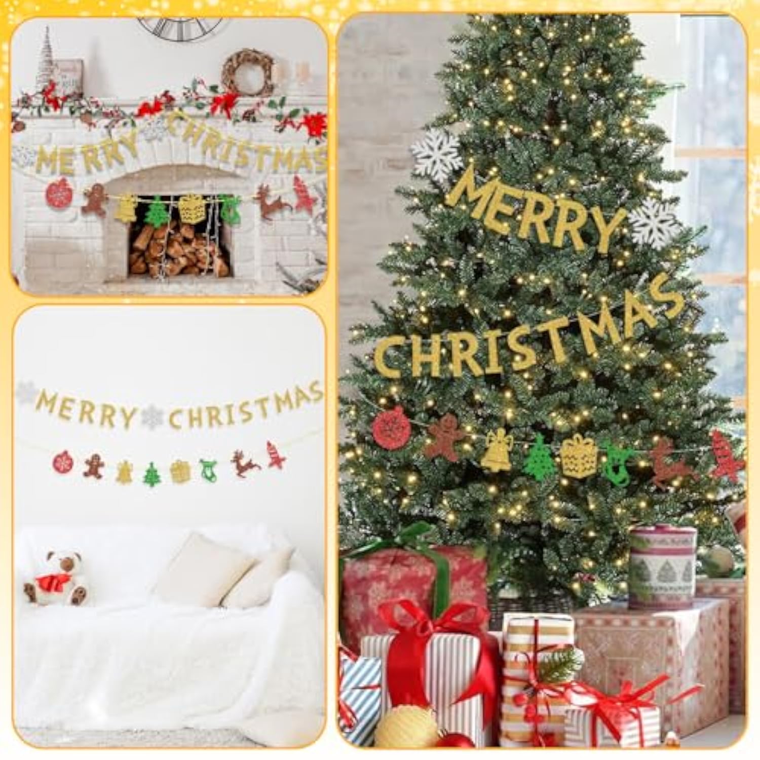 Pre-Assembled Hanging Christmas Banner For Inside Gold Merry Christmas Garland With Snowflakes, Merry Xmas Banners Bunting For Home Fireplace, Xmas Tree, And Indoor/Outdoor Holiday Party Decorations