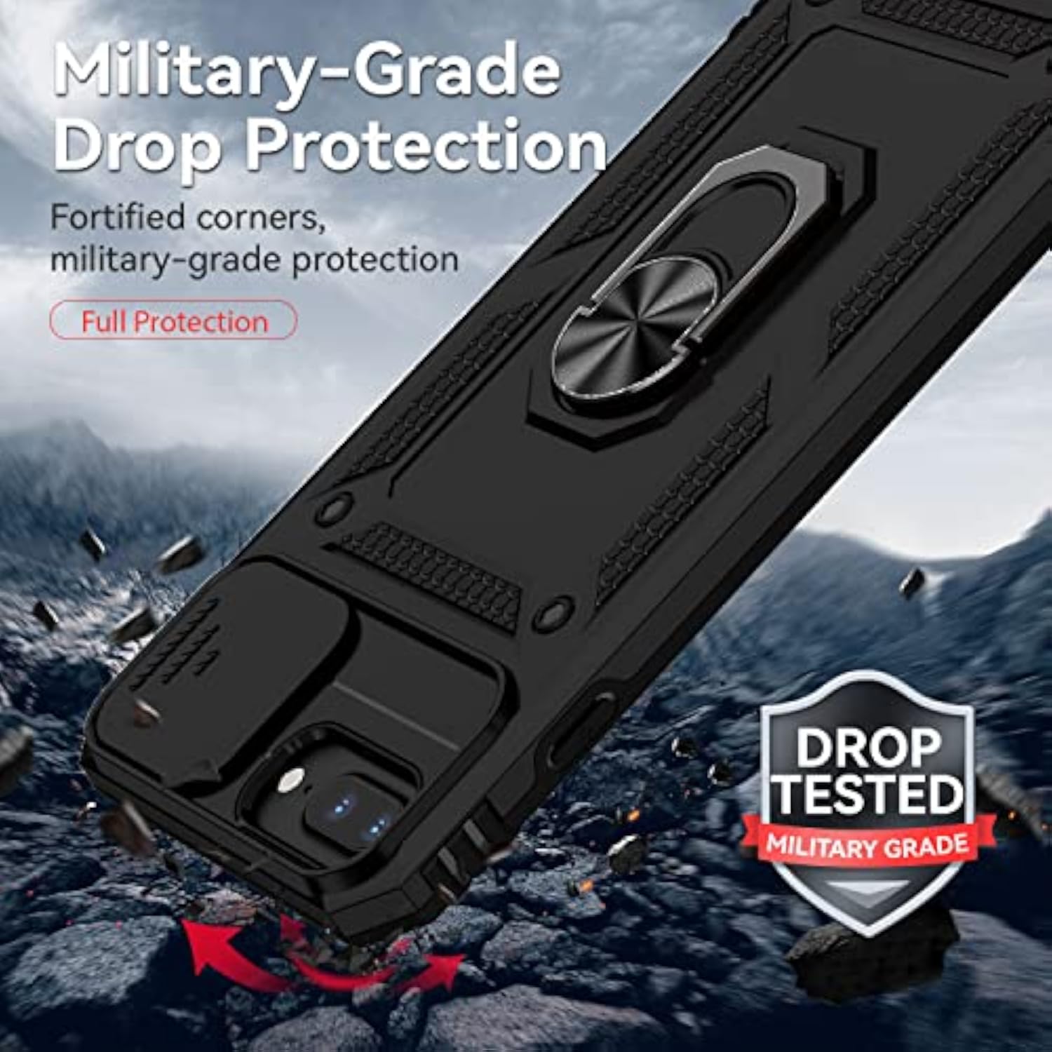 Military Grade Shockproof Protective Case for iPhone 8 Plus, iPhone 7/6 Plus, with Slide Camera Cover and HD Screen Protector, Rotated Ring Kickstand, Black