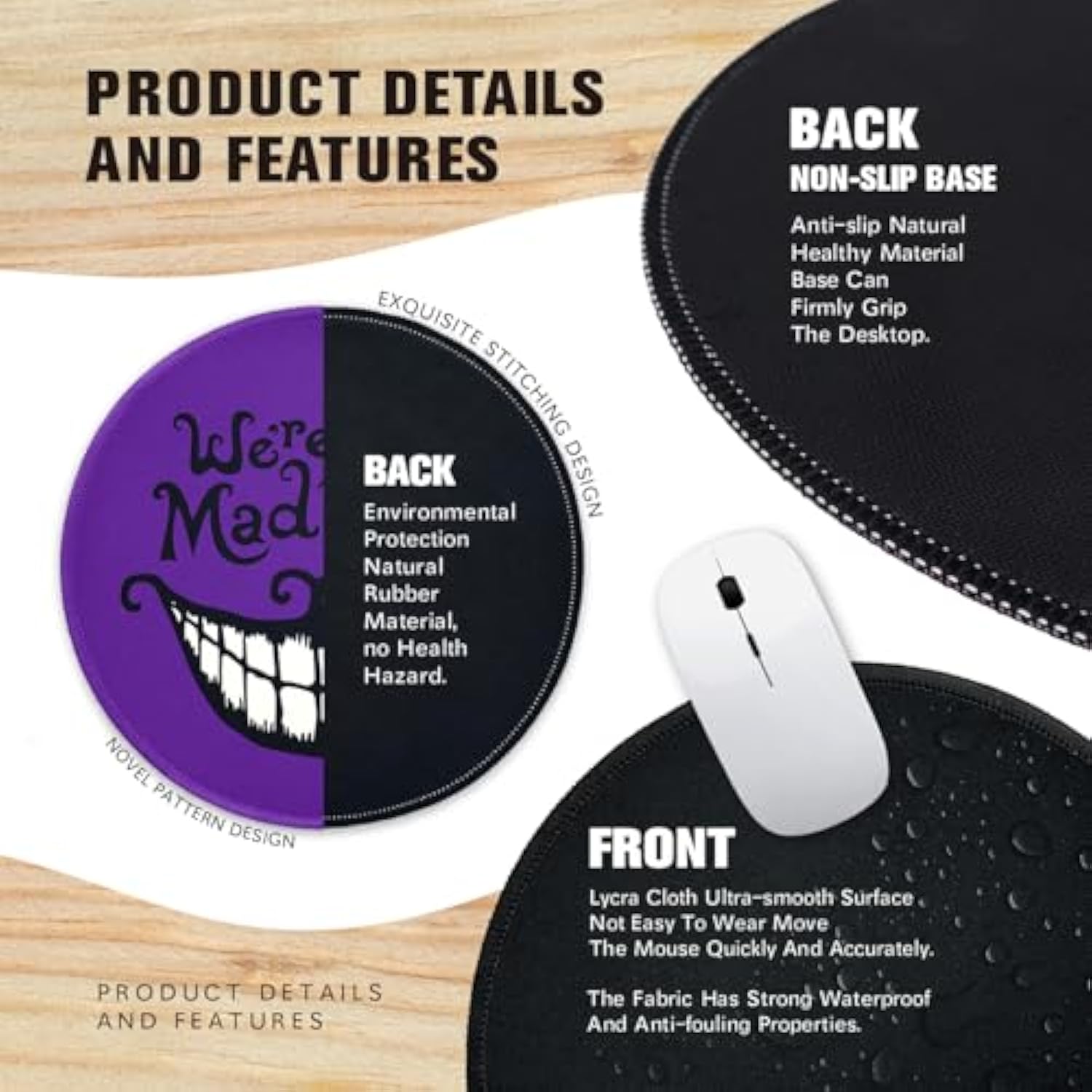 Funny Home Office Decor Round Mouse Pad? We'Re All Mad Here Mouse Pad?8.7 Inch Stitched Edge Non-Slip Rubber Base?Home Office Decor Desk Accessories,For Coworker Friend Sister Work Gifts