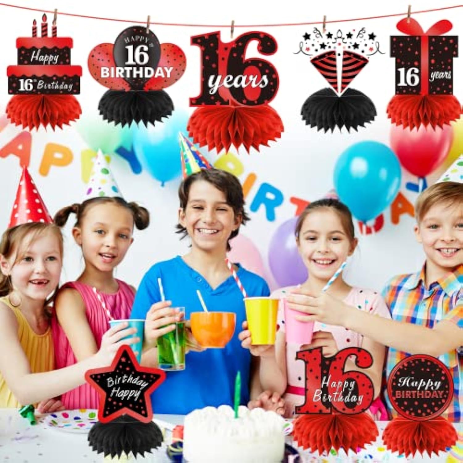 Red Black 16Th Birthday Decorations Table Honeycomb Centerpieces, 8Pcs