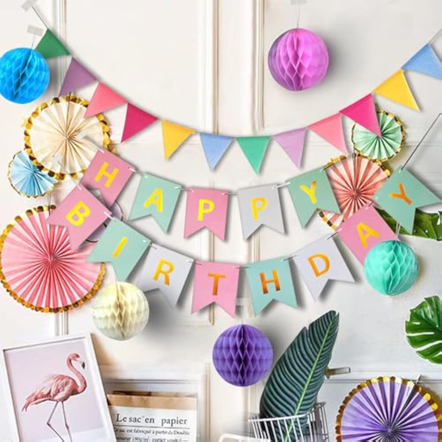Pastel Birthday Party Decorations Macaron Banner, Paper Fans & Honeycomb Decor