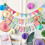 Pastel Birthday Party Decorations Macaron Banner, Paper Fans & Honeycomb Decor