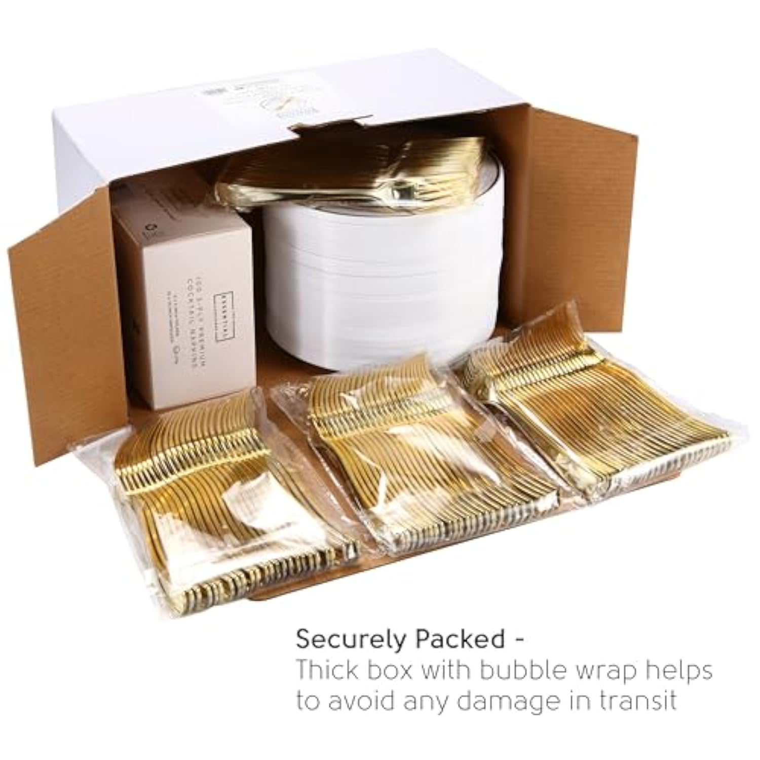 100 Stylish Gold Dessert Plates, Forks And Cocktail Napkins - 7.5 Inch Wedding Cake Plates For Events Including Wedding Reception, Parties Or Showers