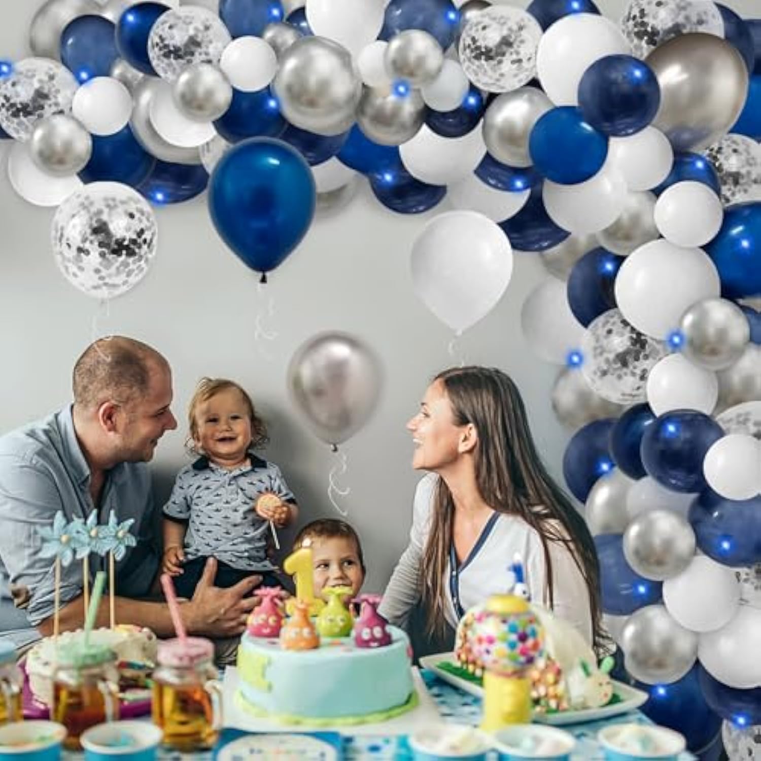 124pcs Blue Silver White Balloon Arch Kit for Birthday, Wedding, Graduation