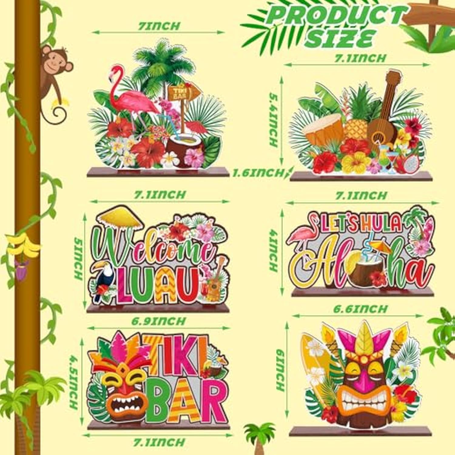6 Pcs Luau Party Signs Tiki Table Decoration Hawaiian Decor Wooden Aloha Luau Decorations Tropical Hawaii Decor For Housewarming Tiki Bar Birthday Welcome Baby Shower Party Supplies