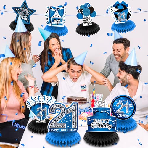 8Pcs Blue 21st Birthday Decorations Blue and Black Happy 21st Birthday Table Honeycomb Centerpieces for Table Decor 21st Birthday Table Topper for Men Women 21st Birthday Anniversary Party Supplies
