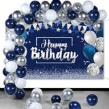 Navy Blue Birthday Confetti Balloons Kit Set 50 Pieces Photography Backdrop Banner Package For Boys Girls Men Women Birthday Party Decorations Supplies(Navy Blue And Silver)