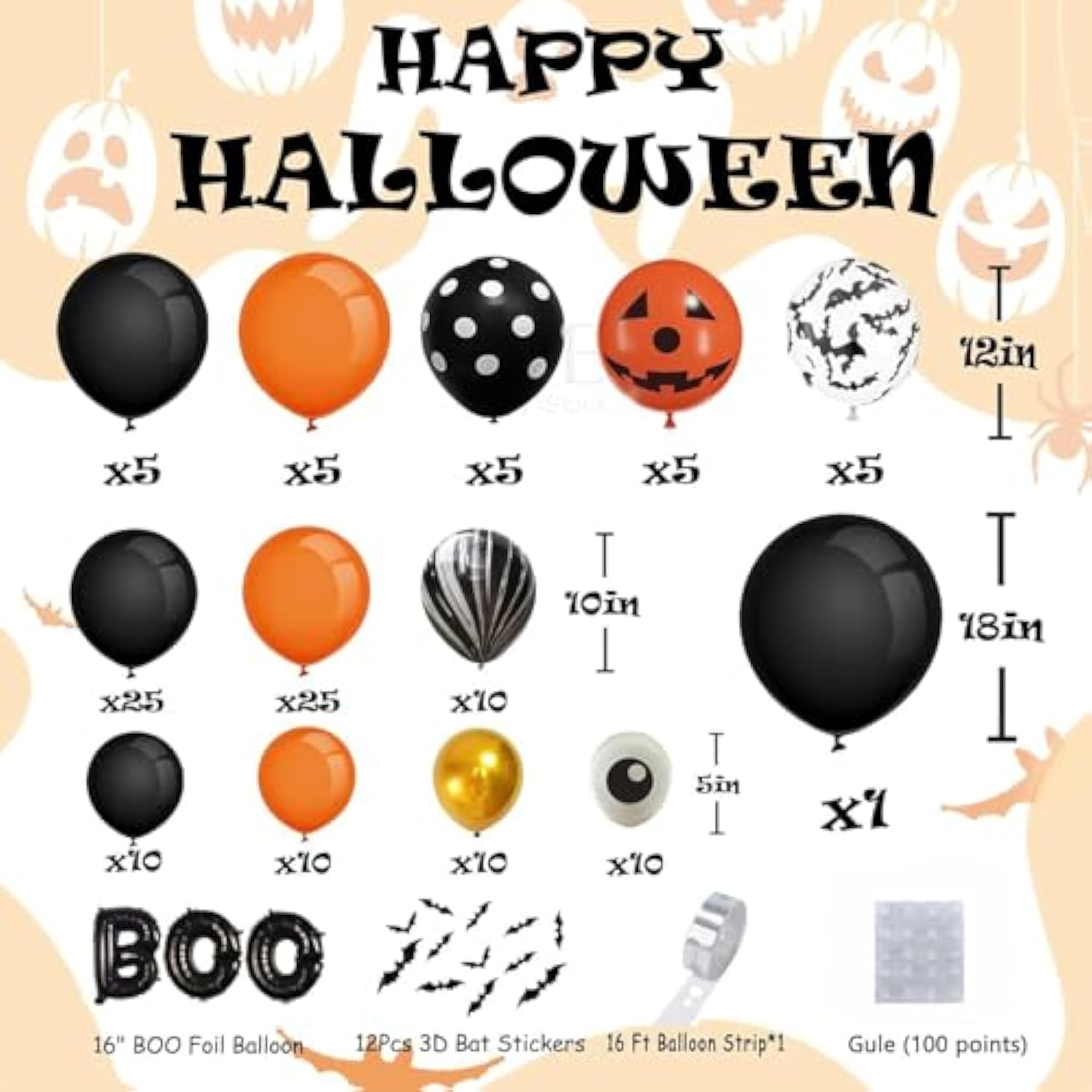 140pcs Halloween Balloon Garland Arch Kit with Bats Eyeball Boo Balloons Party Decorations