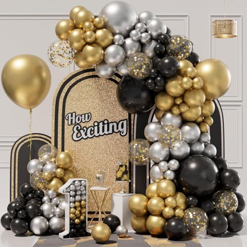 152pcs New Years Balloons Arch Garland Kit, New Years Eve Party Supplies 2025 - Black, Gold, Silver Balloons, Gold Confetti Balloons for Wedding Graduation Birthday Party New Year Decoration