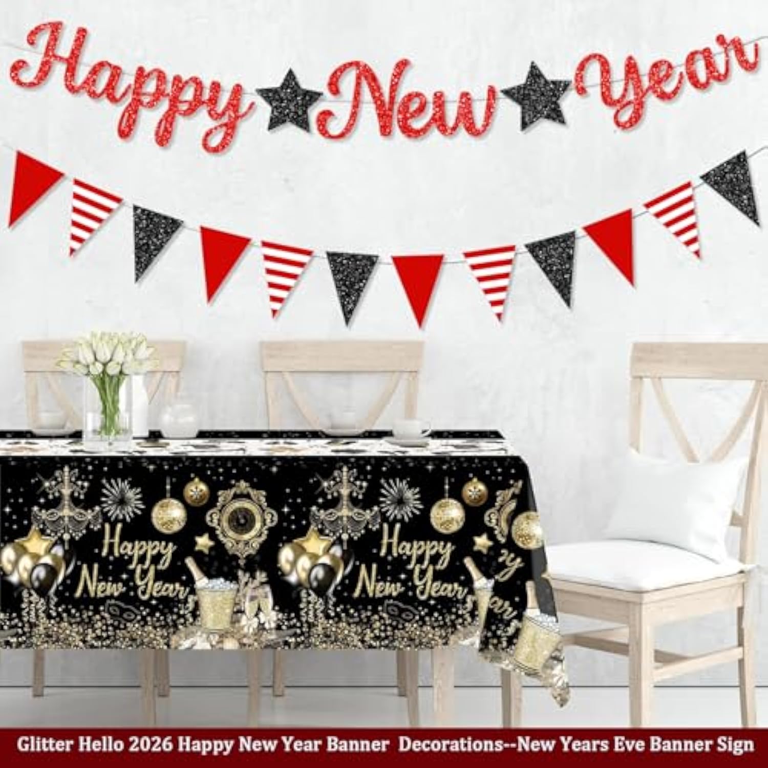 Pre-Strung Glitter Happy New Year 2026 Banner Red Party Decor