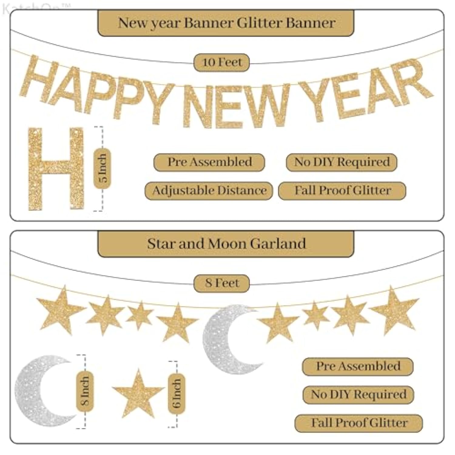 Glitter Happy New Year Banner 17pcs Gold Stars Moon Garland 2026