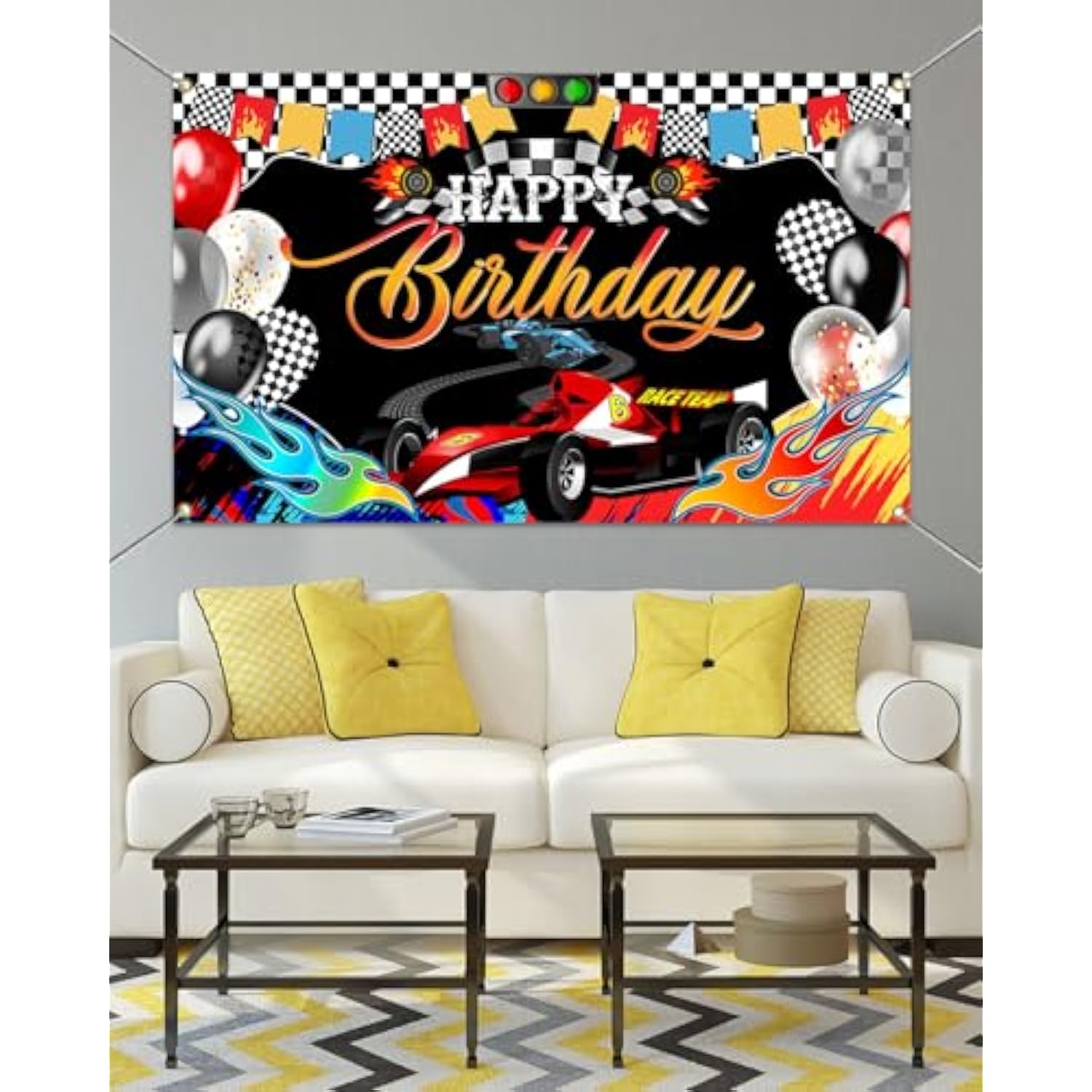 Racing Car Birthday Backdrop Banner Red Car-Themed Party Decorations (70.8x43.3")