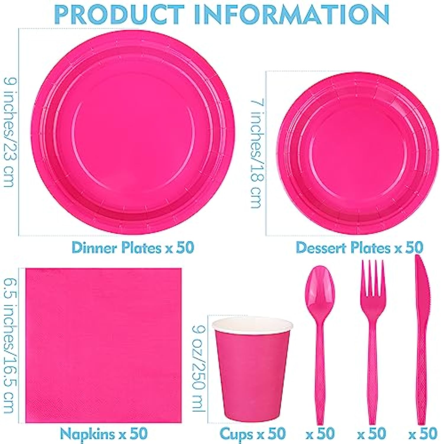 350-Piece Hot Pink Party Dinnerware Set for 50 Guests, Plates, Cups, Cutlery