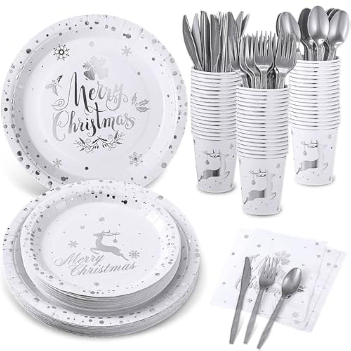 175 Pcs Merry Christmas Party Dinnerware Foil Dots Christmas Paper Plates Set Elk Disposable Xmas Plates Napkins Cups For New Year Wedding Birthday Baby Shower Party Supplies Decoration (White Silver)