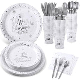 175 Pcs Merry Christmas Party Dinnerware Foil Dots Christmas Paper Plates Set Elk Disposable Xmas Plates Napkins Cups For New Year Wedding Birthday Baby Shower Party Supplies Decoration (White Silver)