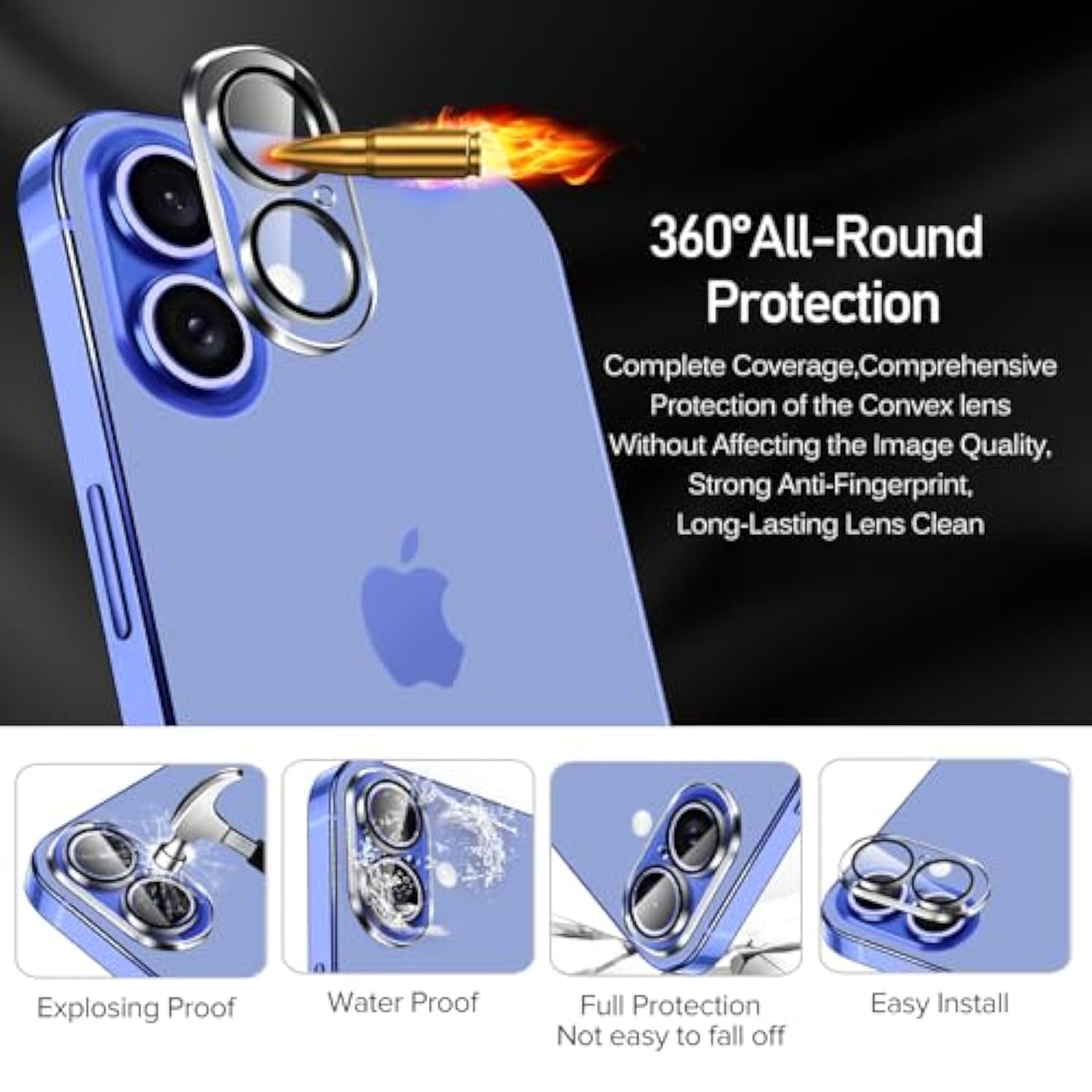 4-Pack Camera Lens Protector For Iphone 16 6.1”/ Iphone 16 Plus 6.7” Screen Protector Tempered Glass[Case Friendly][New Rersion],Scratch-Resistant,Clear+Black Circle