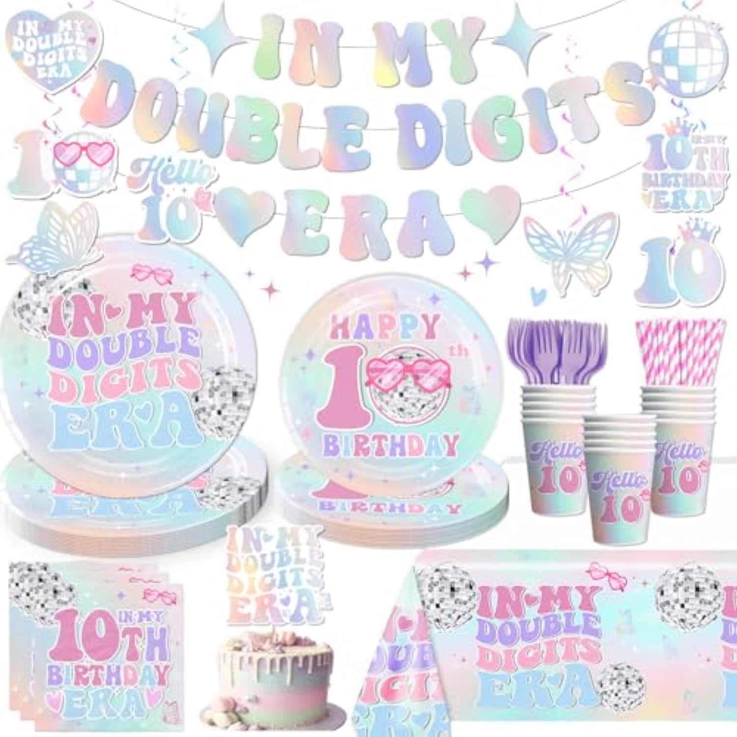 10th Birthday Party Tableware Set: "In My Double Digits Era" - Serves 25