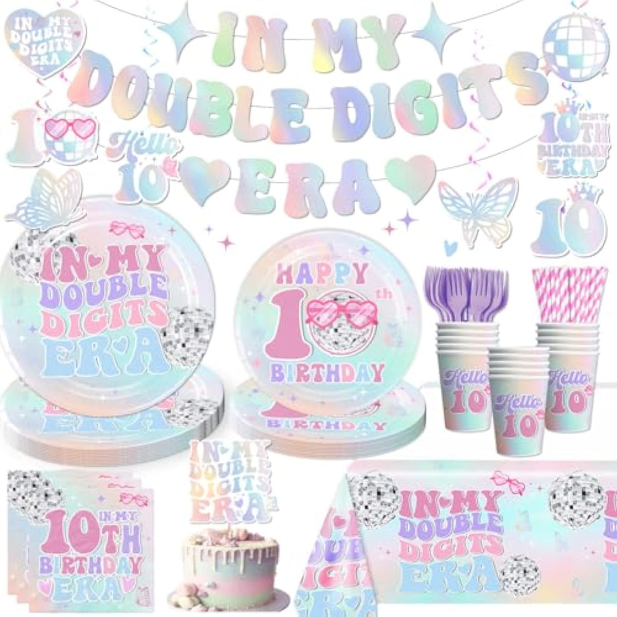 10th Birthday Party Tableware Set: "In My Double Digits Era" - Serves 25