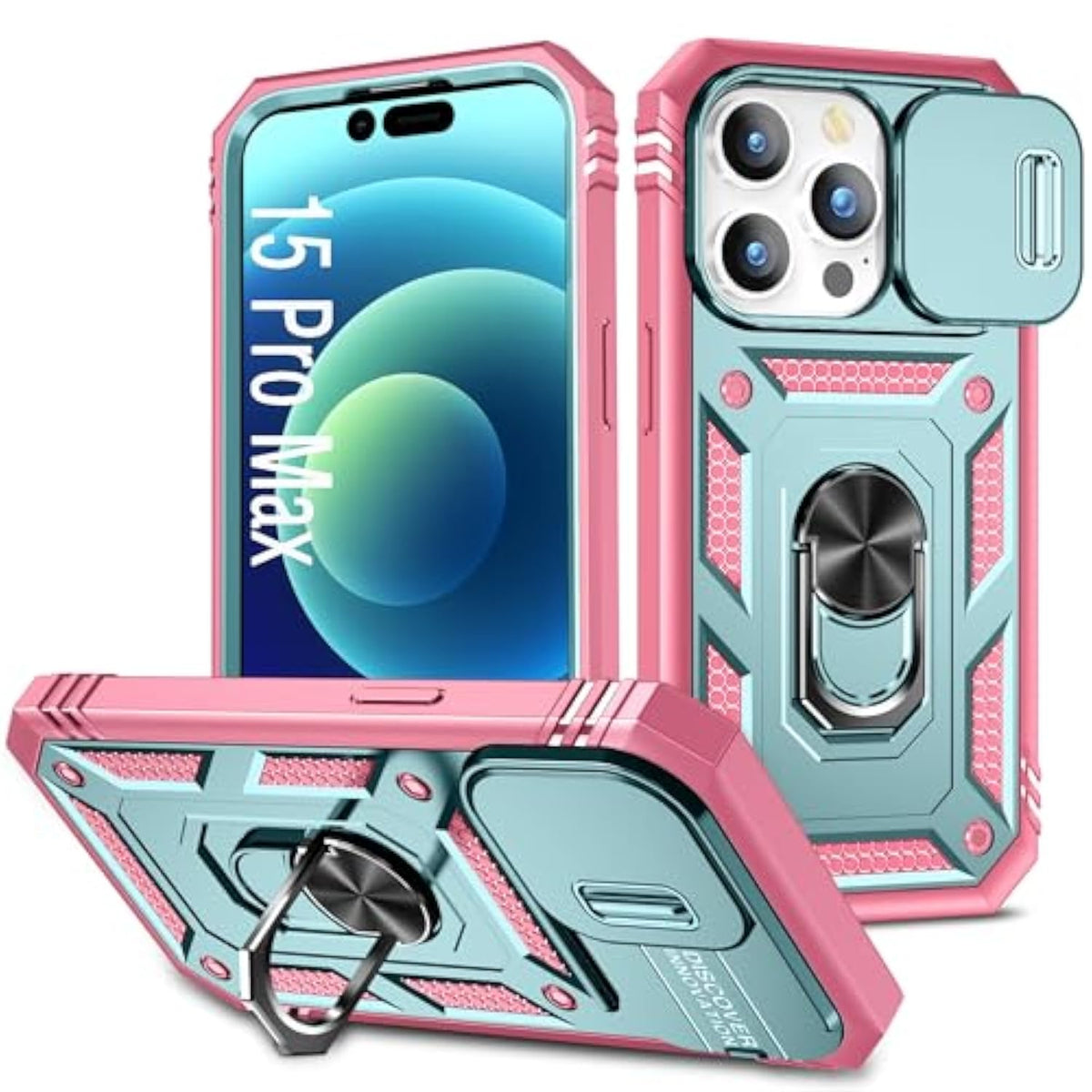 Case Compatible With Iphone 15 Pro Max, Shockproof Impact Resistant With Slide Lens Protective Cover Case For Iphone 15 Pro Max 6.7 Inch (Pink Green)
