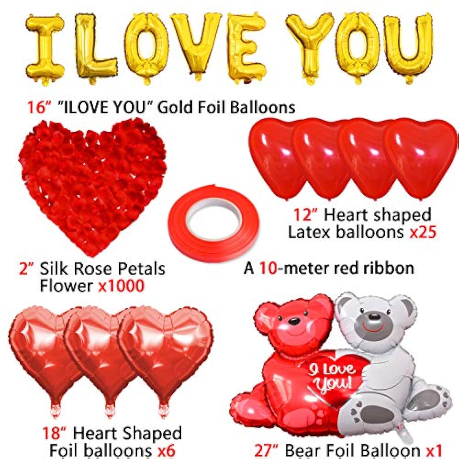 Valentines Day Decorations,I Love You Balloons Set,Heart Balloon Kit With Red Rose,Love-Bear,Valentines Day Balloons For Anniversary Confession Proposal Wedding Boyfriend Girlfriend Lover