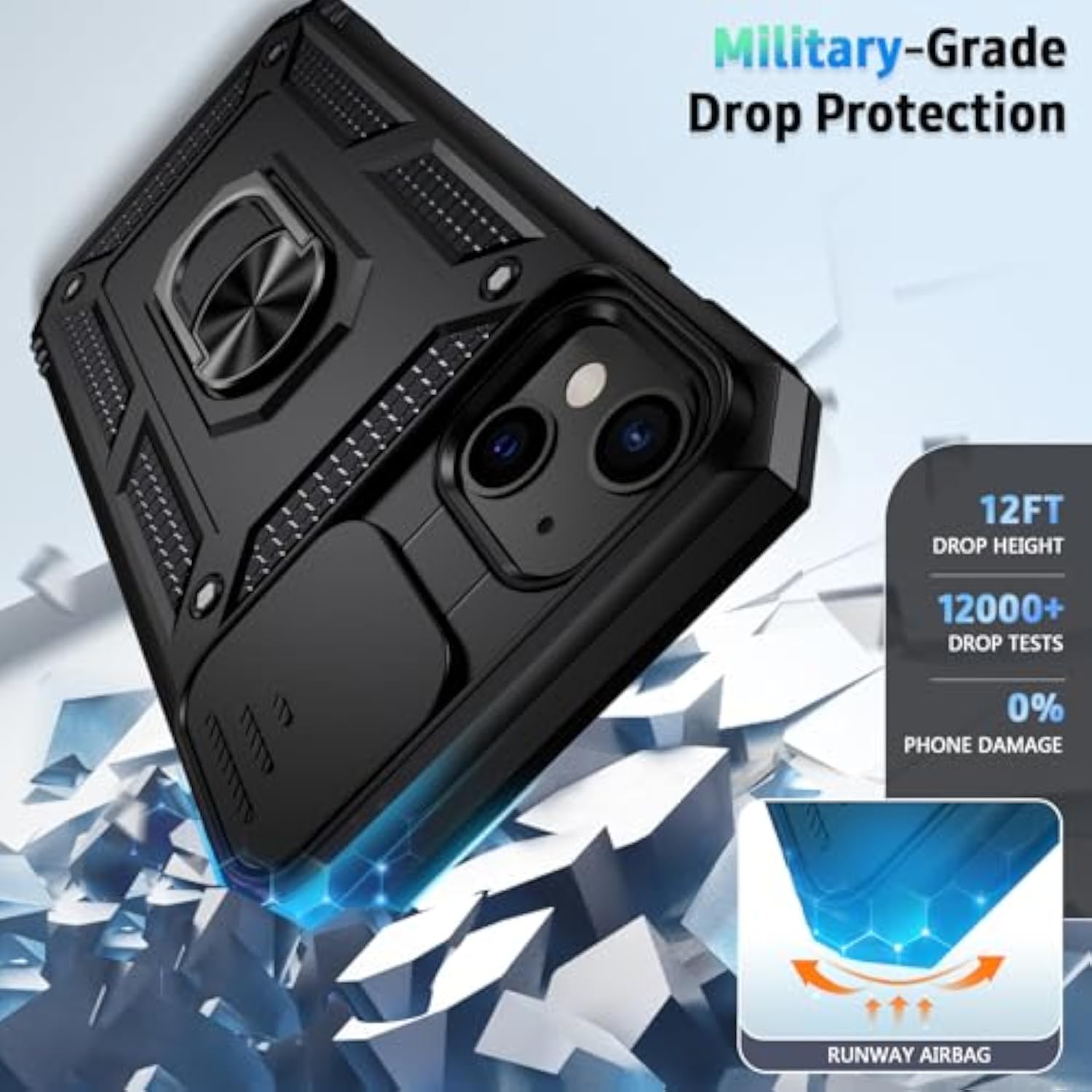 iPhone 13 Case with Slide Lens Cover, HD Screen Protector, Military Grade Drop Protection, Magnetic Rotated Ring Holder Kickstand Protective Phone Case (Black)