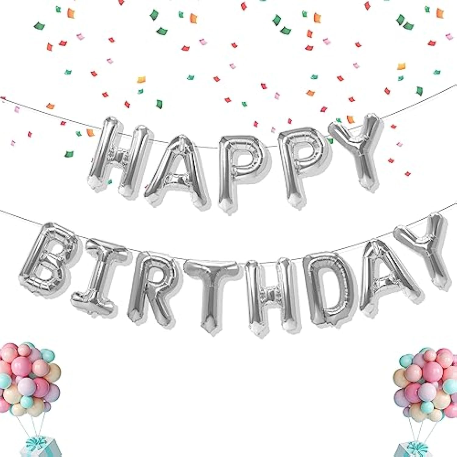 Happy Birthday Balloons Banner - 16 Inch Mylar Foil Balloon Letters & Reusable Silver Balloons Kit - Birthday Decorations & Party Favor Supplies