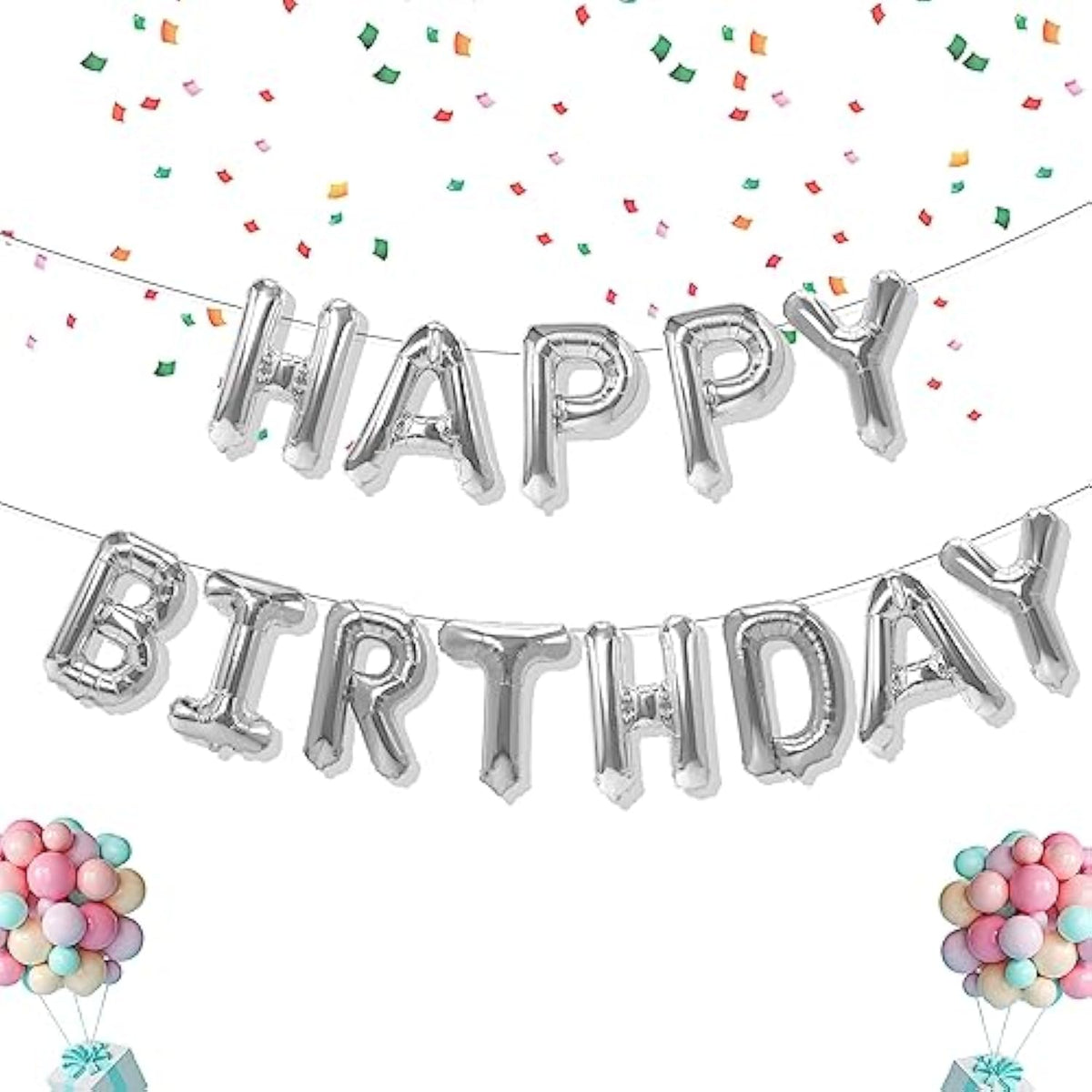 Happy Birthday Balloons Banner - 16 Inch Mylar Foil Balloon Letters & Reusable Silver Balloons Kit - Birthday Decorations & Party Favor Supplies