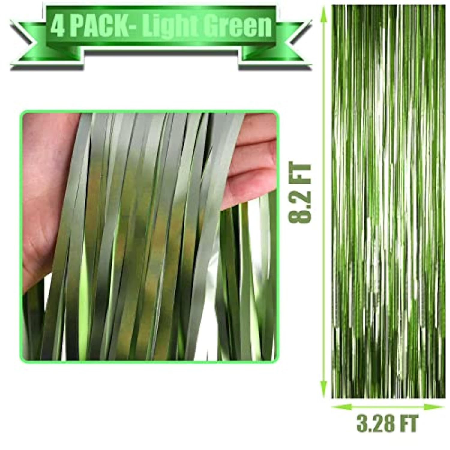 4-Pack Light Green Foil Fringe Curtains 3.28x8.2 ft for Party and Photo Booth Decor