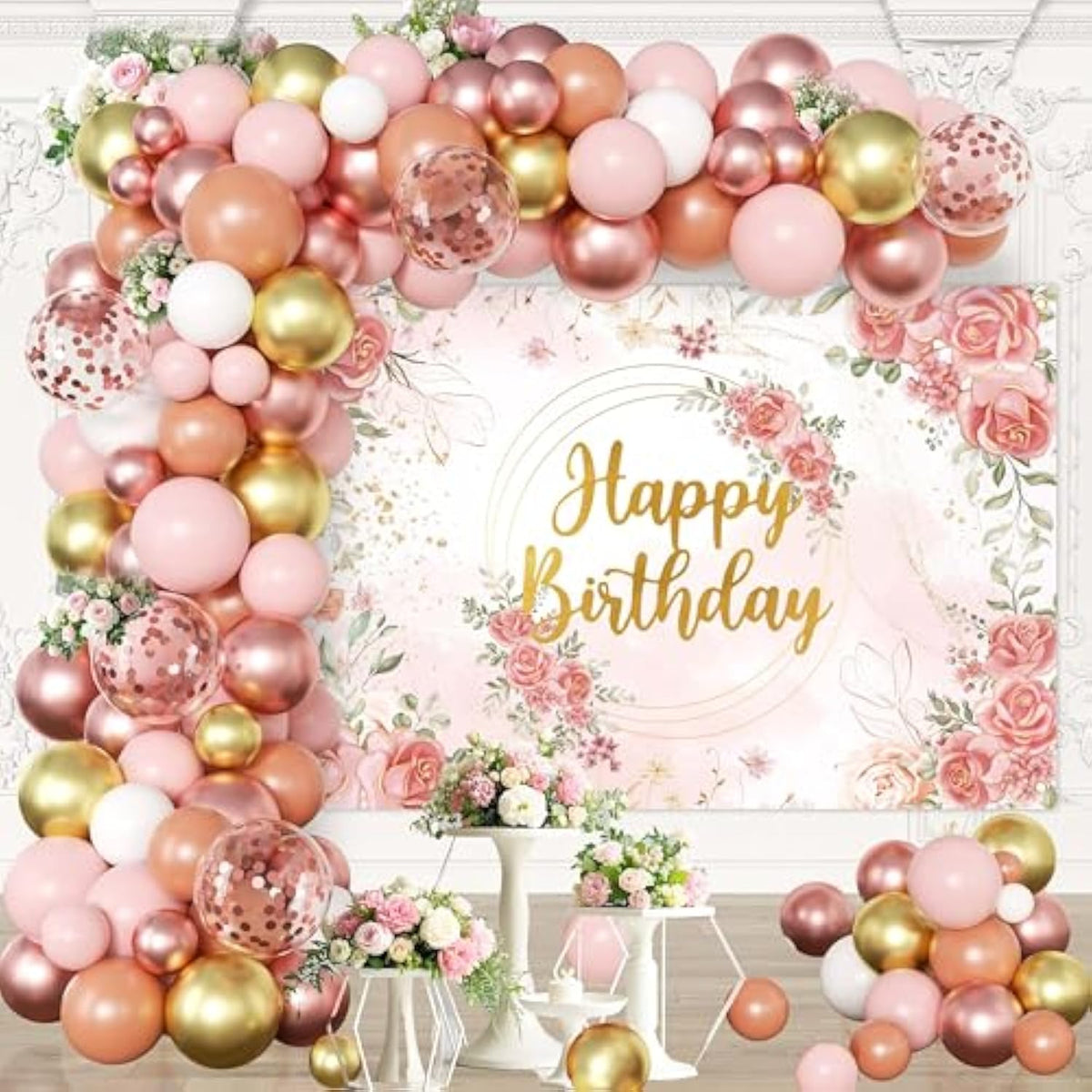 Rose Gold Floral Birthday Decorations Balloon Garland Kit Pink White Gold Confetti
