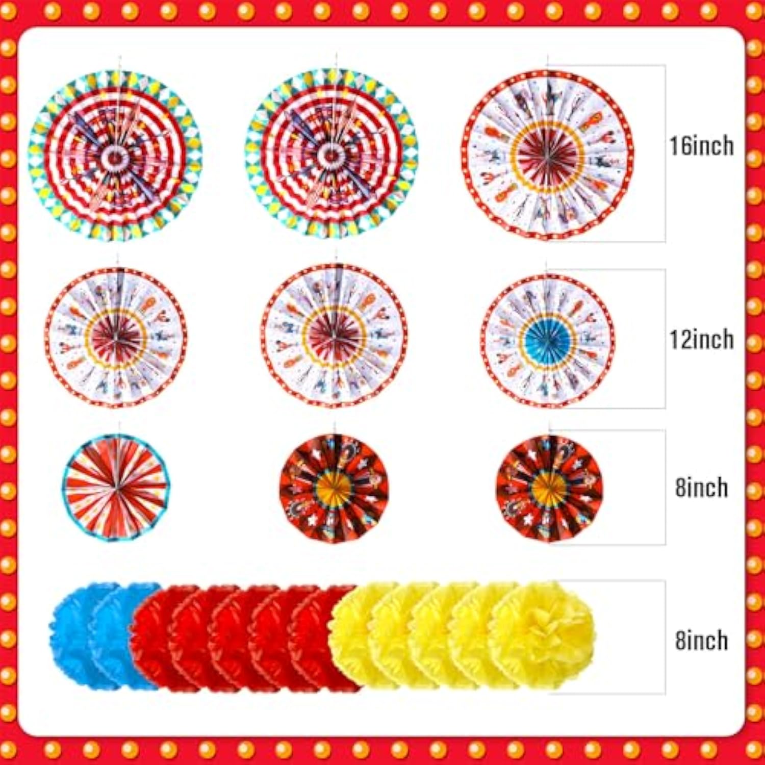 21 Pcs Carnival Party Decorations With Circus Hanging Paper Fans Red Yellow Blue Paper Pom Poms Tissue Flowers For Ceiling Wall Carnival Circus Theme Birthday Baby Shower Party Favors Supplies