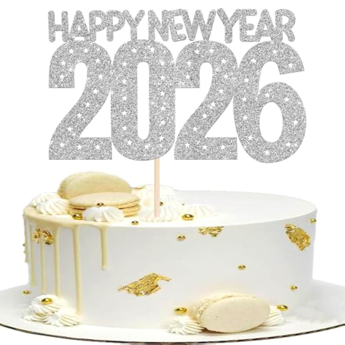 2026 Happy New Year Cake Topper Silver Glitter for NYE Party Decorations