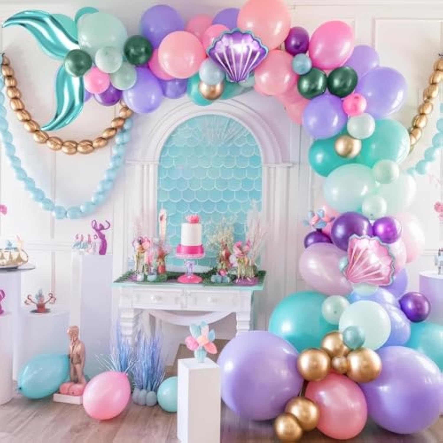 Mermaid Balloon Garland Arch Kit, Pastel Pink Purple Teal Blue Clear Latex Balloons With Mermaid Tail Seashell Foil Balloons, For Girls Mermaid Party Decorations Ocean Theme Birthday Party Supplies