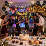 2026 Neon New Year Party Kit with Rainbow Banner, Foil Balloons, and Cake Toppers