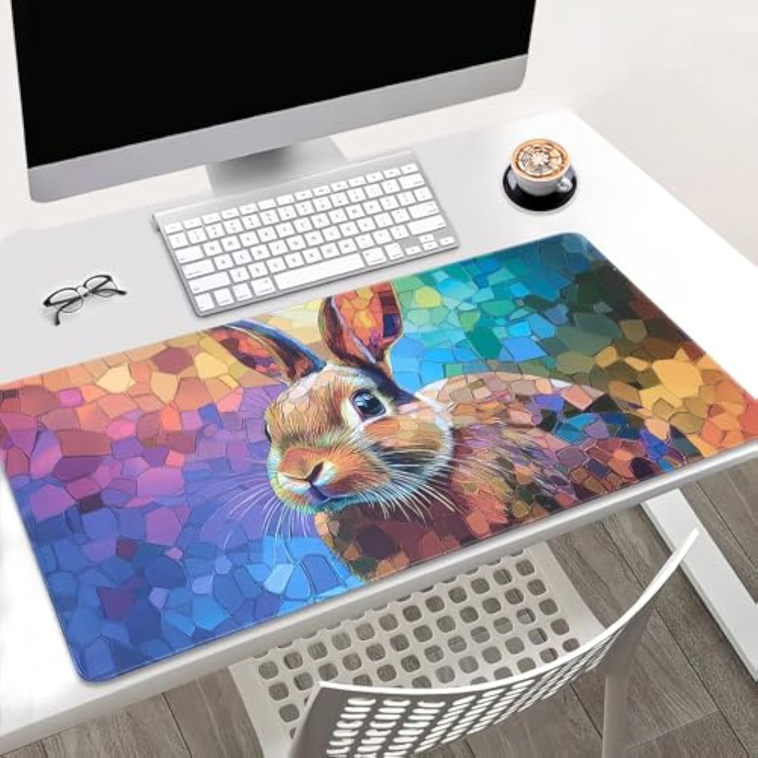 Large Colorful Rabbit Mouse Pad, Artistic Mosaic Design, Extended Gaming Desk Mat, 31.5 X 15.7 Inches, Non-Slip Base