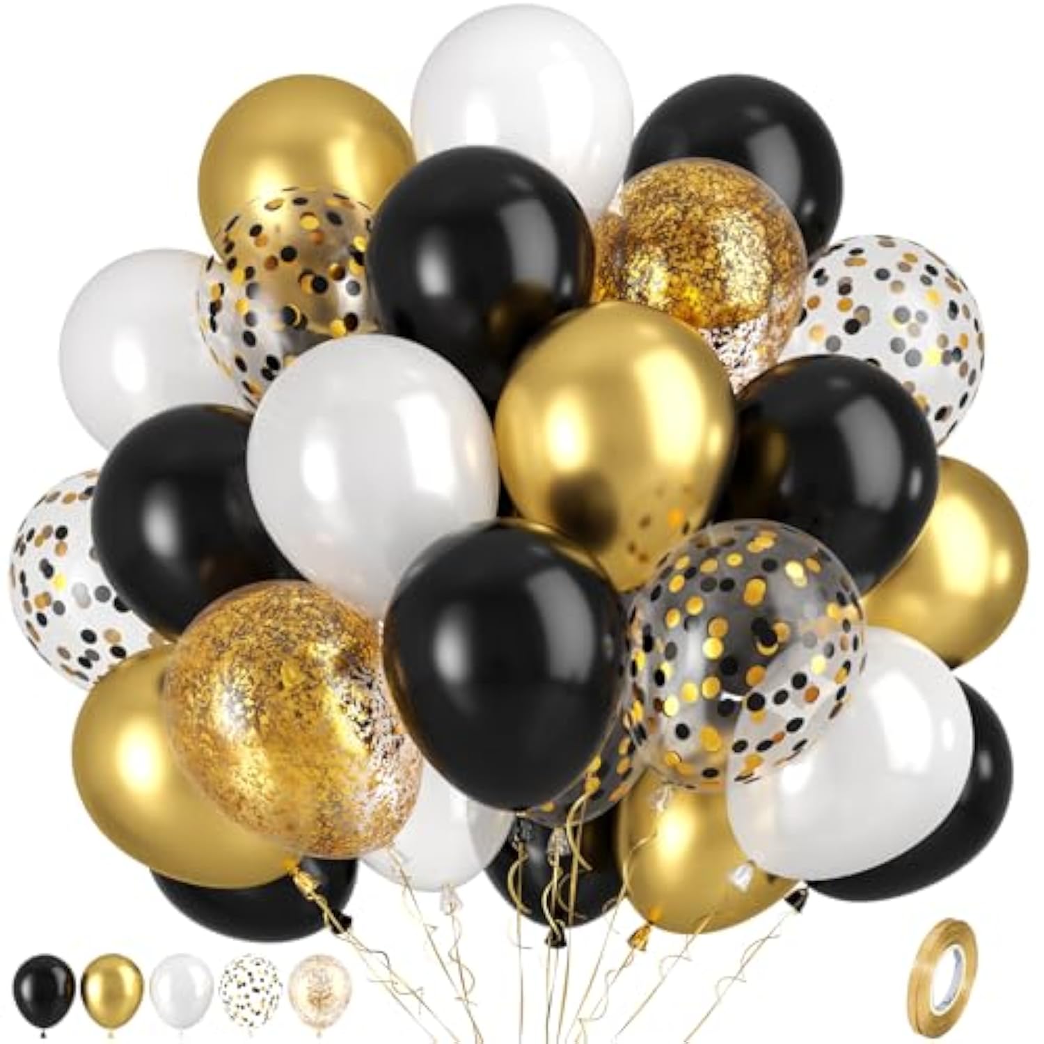 66pc Black, Gold & Pearl White Balloon Set Metallic & Confetti NYE Decor