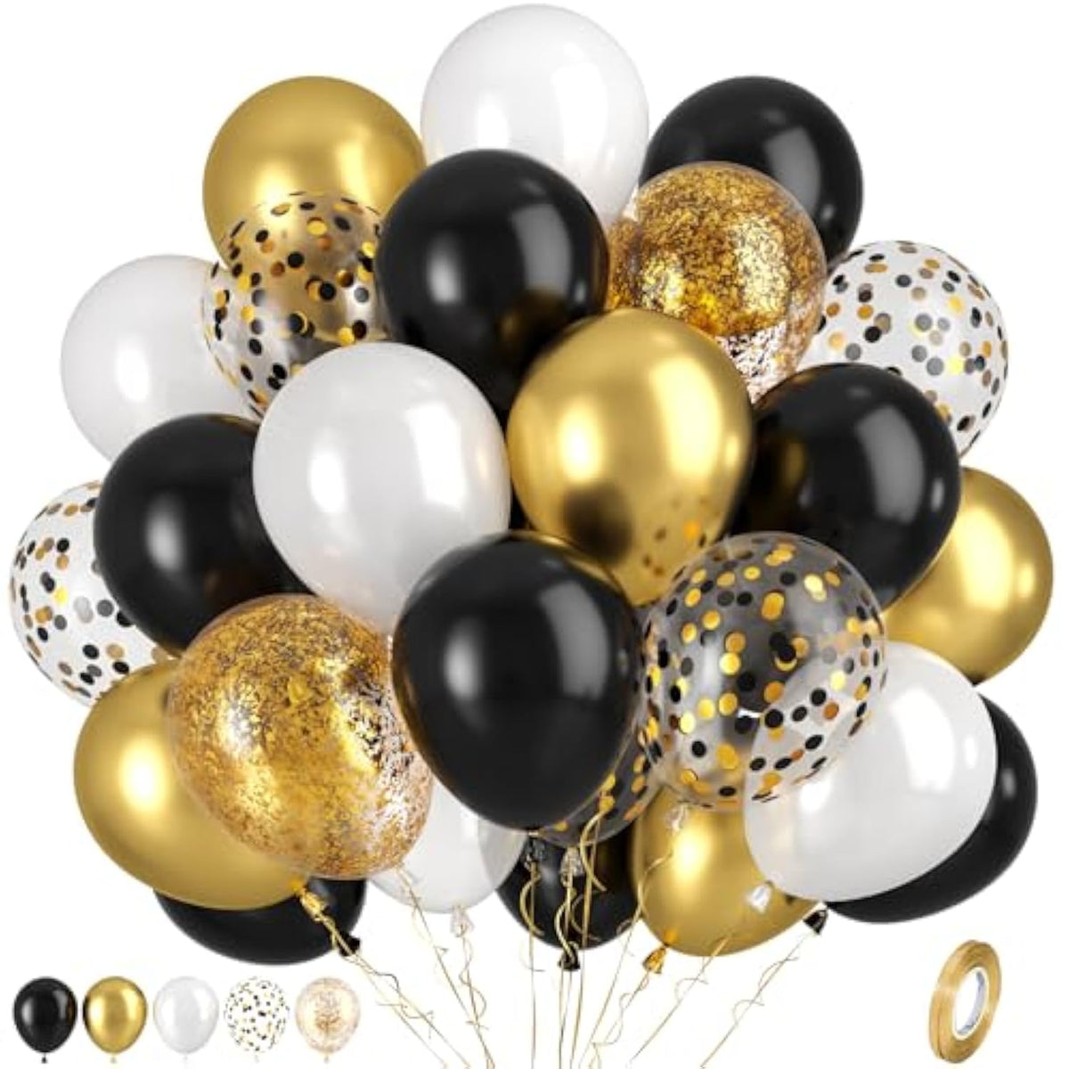 66pc Black, Gold & Pearl White Balloon Set Metallic & Confetti NYE Decor