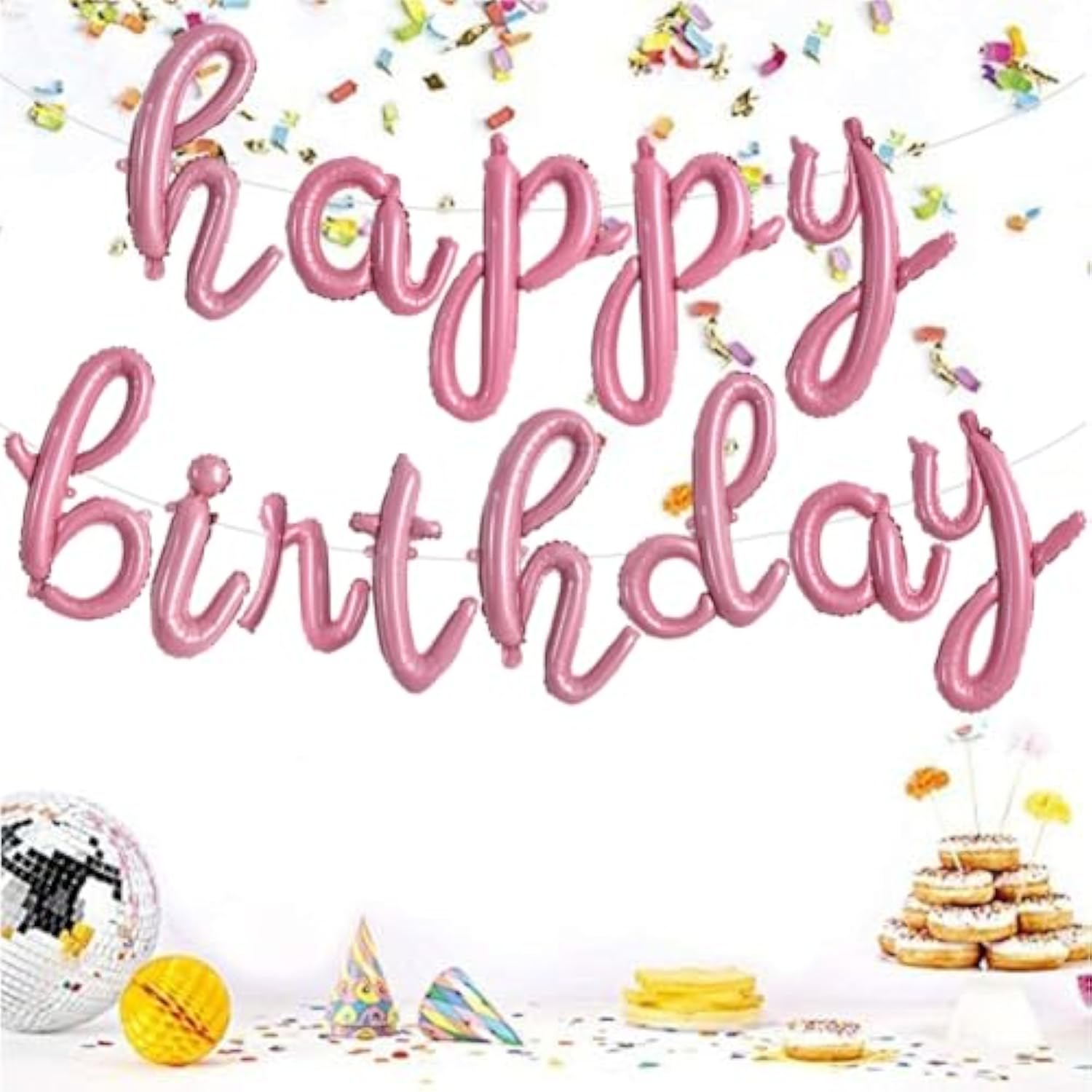 Happy Birthday Banner, Cursive Balloons, Light Pink Mylar Foil Birthday Balloons For Kids And Adults