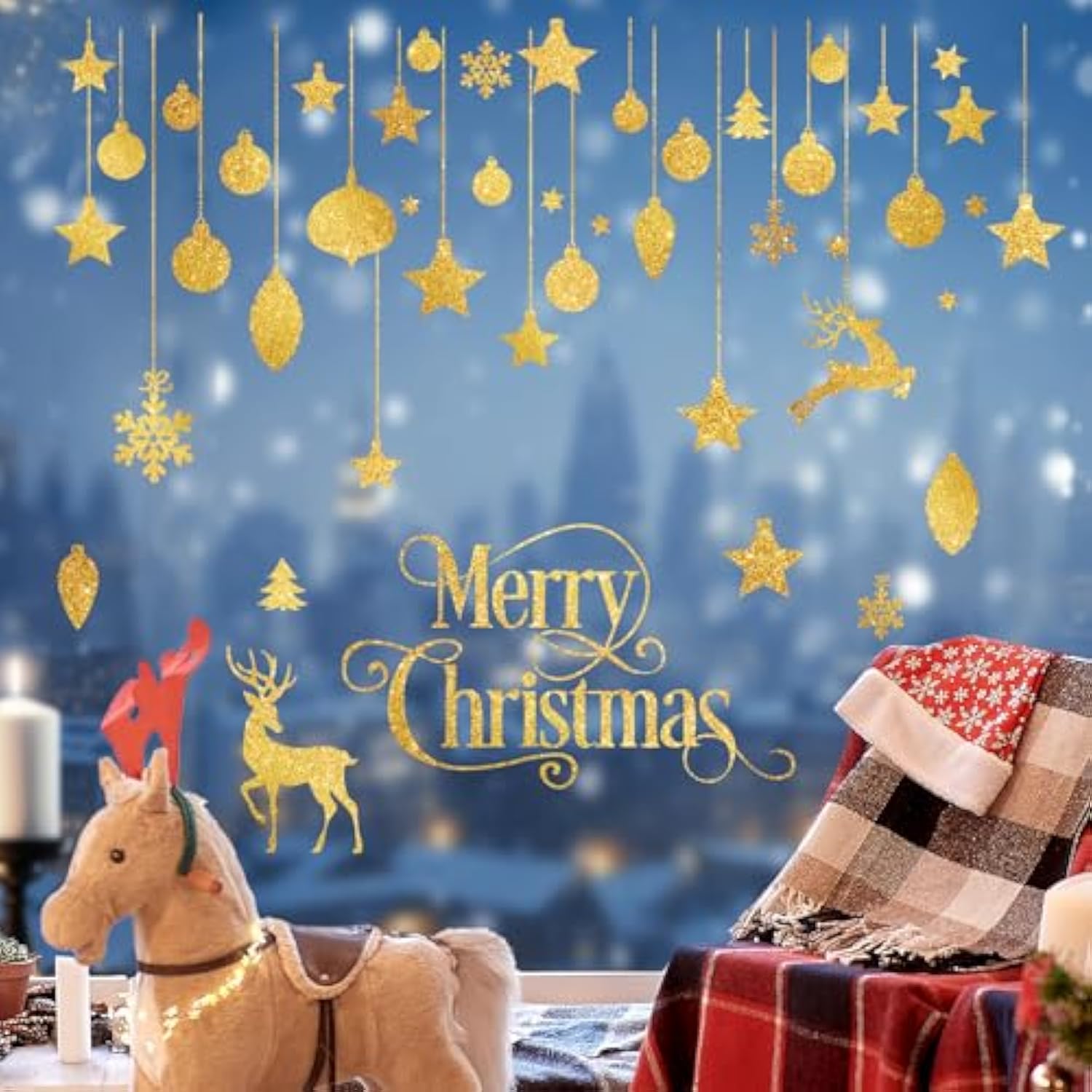 Golden Glitter Merry Christmas Wall Stickers With Reindeer, Metallic Xmas Wall Arts Removable Wall Decor For Holiday Party, Living Room, Restaurant