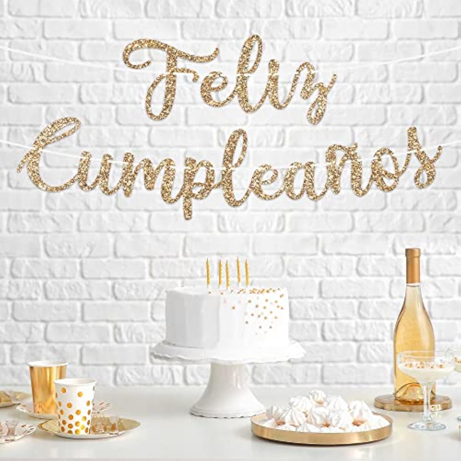 Pre-Strung Feliz Cumpleaños Banner - No Diy - Gold Glitter Spanish Happy Birthday Party Banner - Pre-Strung Script Garland On 6 Ft Strands - Gold Birthday Party Decorations & Decor - No Diy