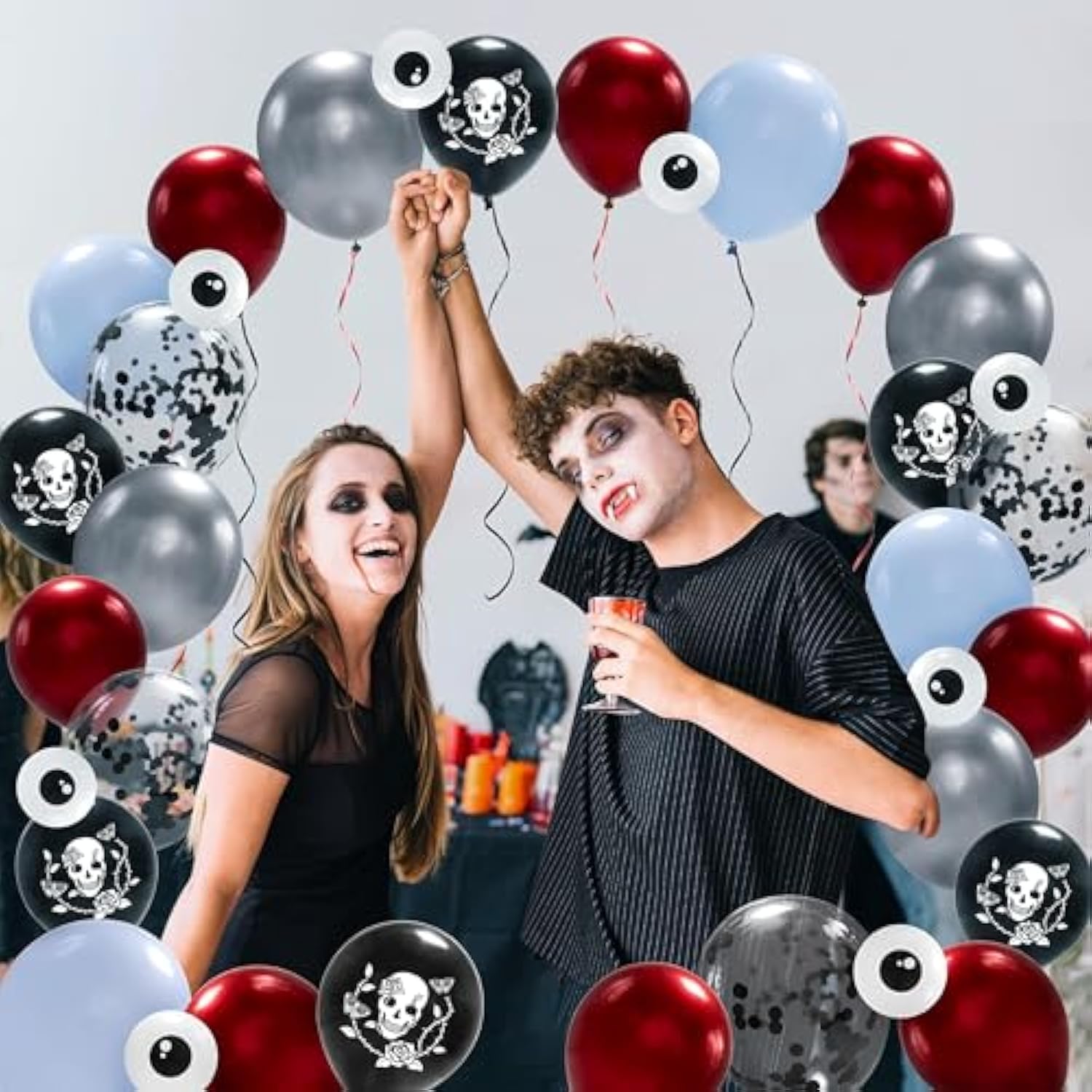 Skull Balloons Gothic Birthday Decorations Gothic Party Decor Skeleton Balloons Skulls Eyeball Rose Birthday Goth Party Backdrop Black White Red Halloween Party Supplies-Pack Of 34