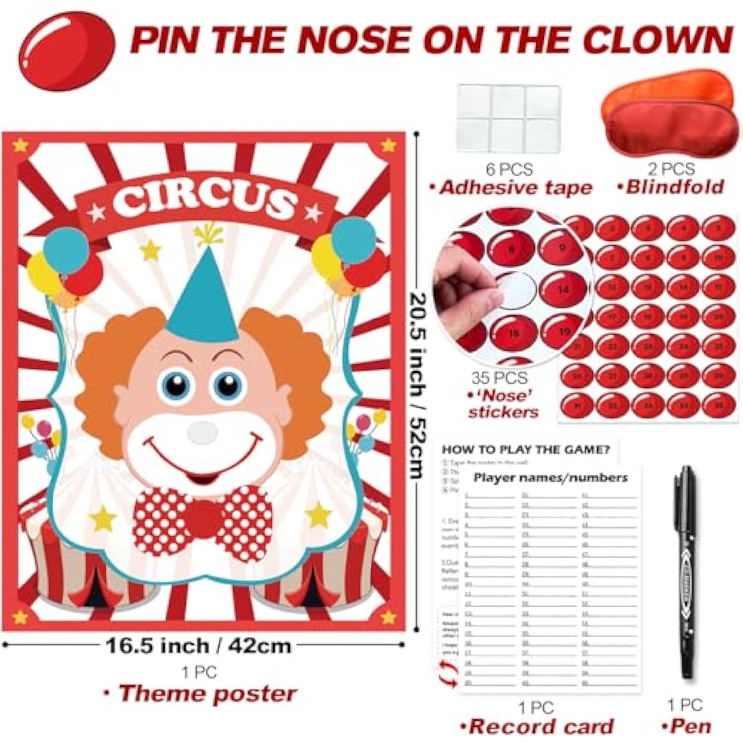 Pin The Nose On The Clown, Circus Party Games, Carnival Themed Party Games Toddlers Preschool Party Supplies Favors For Boys Girls Adults 35 Guests