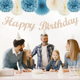 Dusty-Blue White Birthday Party-Decorations Paper-Flowers - 14Pcs Happy Banner Boy Lanterns Tissue Pom Poms,Men Streamers Garland Fans Honeycomb,Baby Teen Male Kids Hanging Supplies Decor