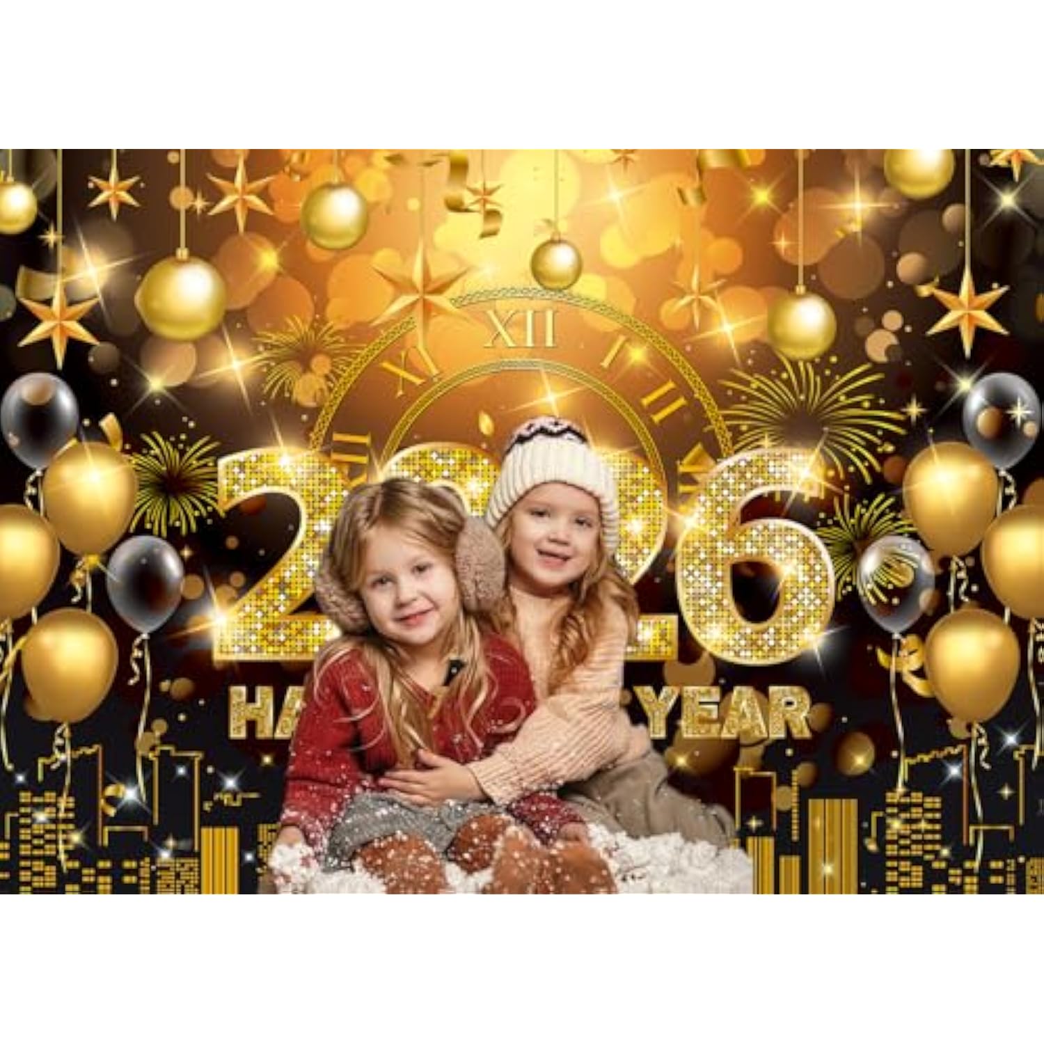 2026 New Year Banner Backdrop 8x6ft Black Gold Fireworks for NYE Party