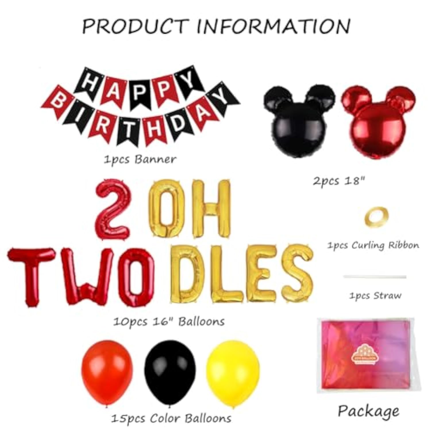 Oh Twodles Mickey Minnie 2nd Birthday Balloons & Happy Birthday Banner