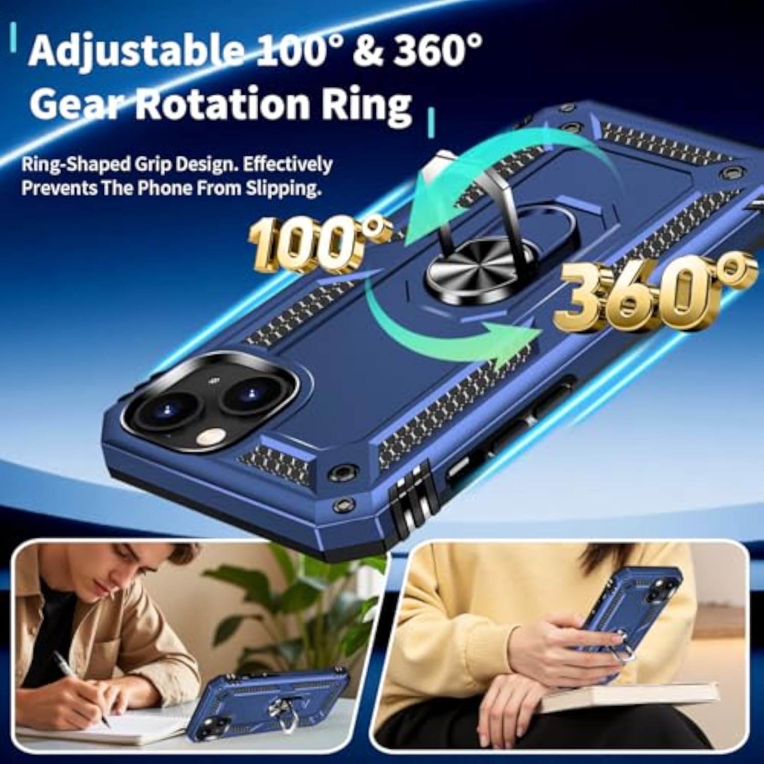 iPhone 15 Case with Screen Protector and 360° Rotatable Kickstand, Military Grade Shockproof Cover, Blue