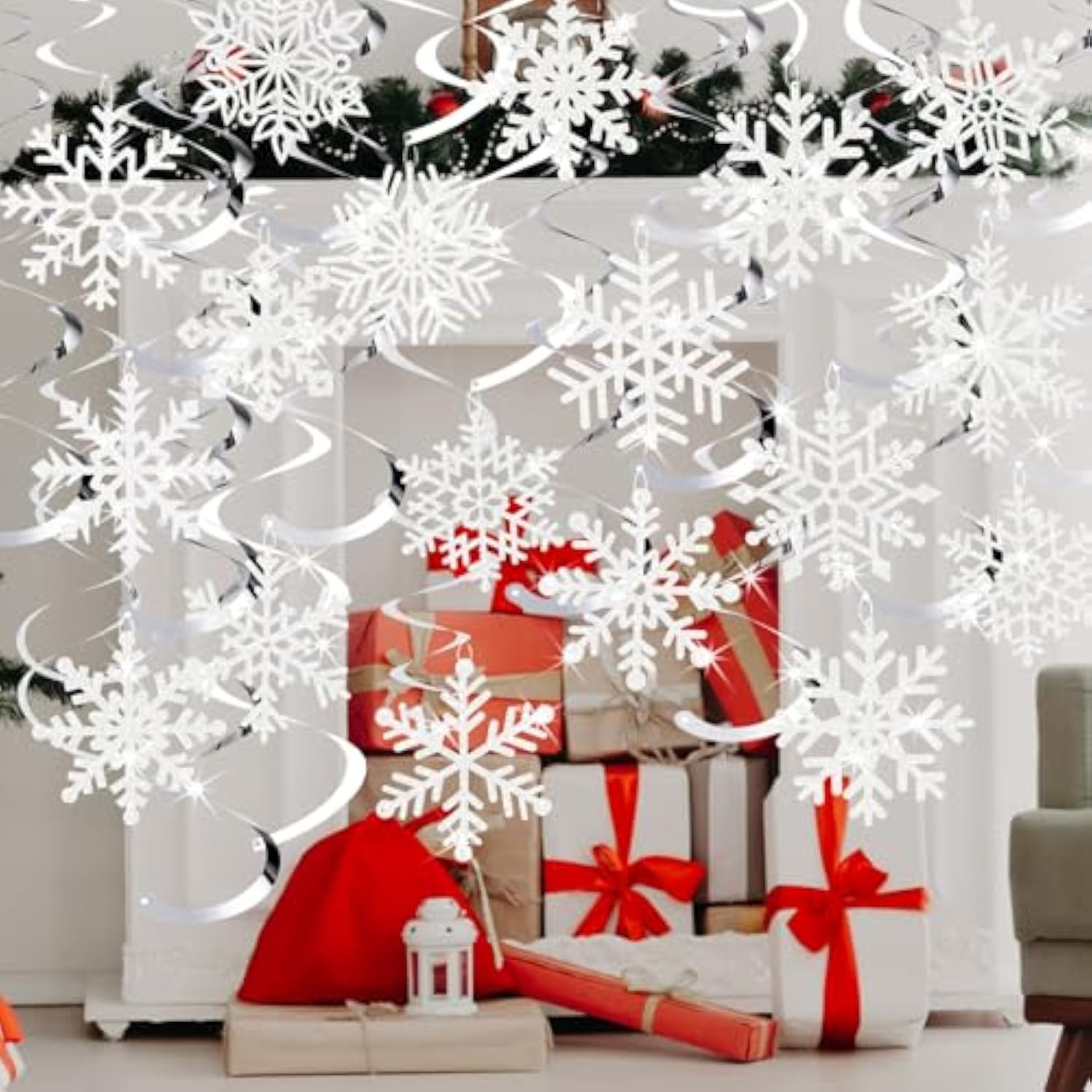 30-Piece Winter Snowflake Hanging Swirl Decorations for Xmas and Parties