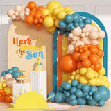 151Pcs Here Comes The Sun Balloon Garland Arch Kit, Boho Retro Dusty Slate Blue Burnt Orange Mustard Yellow Balloons For Here Comes The Son Baby Shower Decor