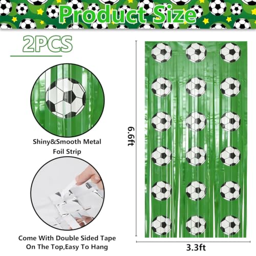 2 Pcs Soccer Birthday Party Decorations Fringe Curtains, Green Soccer Tinsel Foil Fringe Photo Backdrop Streamers for Sports Party Decorations, 3.3 x 6.6 ft